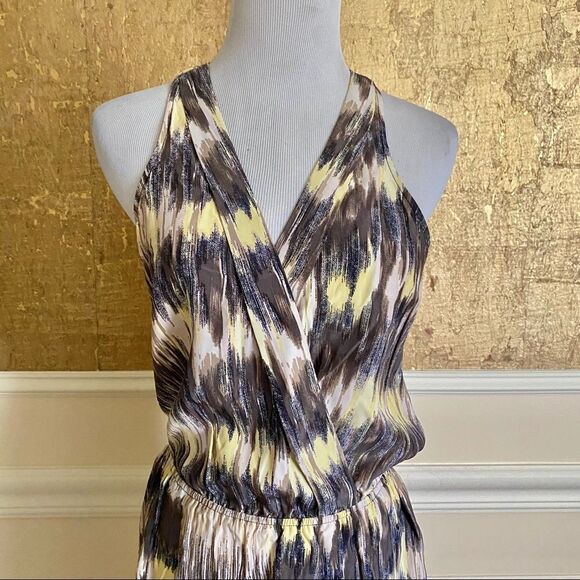 PARKER brown yellow 100% silk mini dress S - Picture 3 of 7